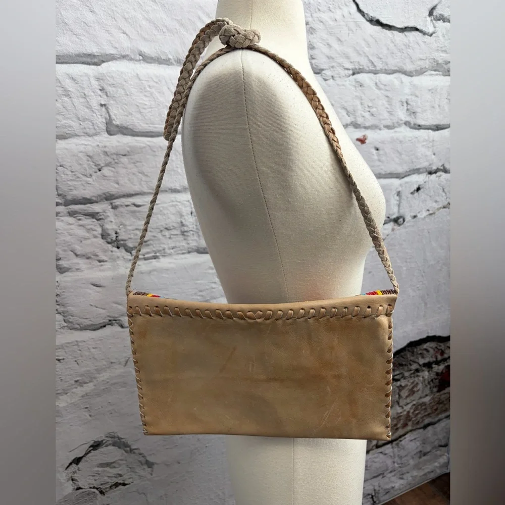 Handmade No Sew Leather Multicolor Beaded Striped Tribal Neutral Crossbody Bag‎